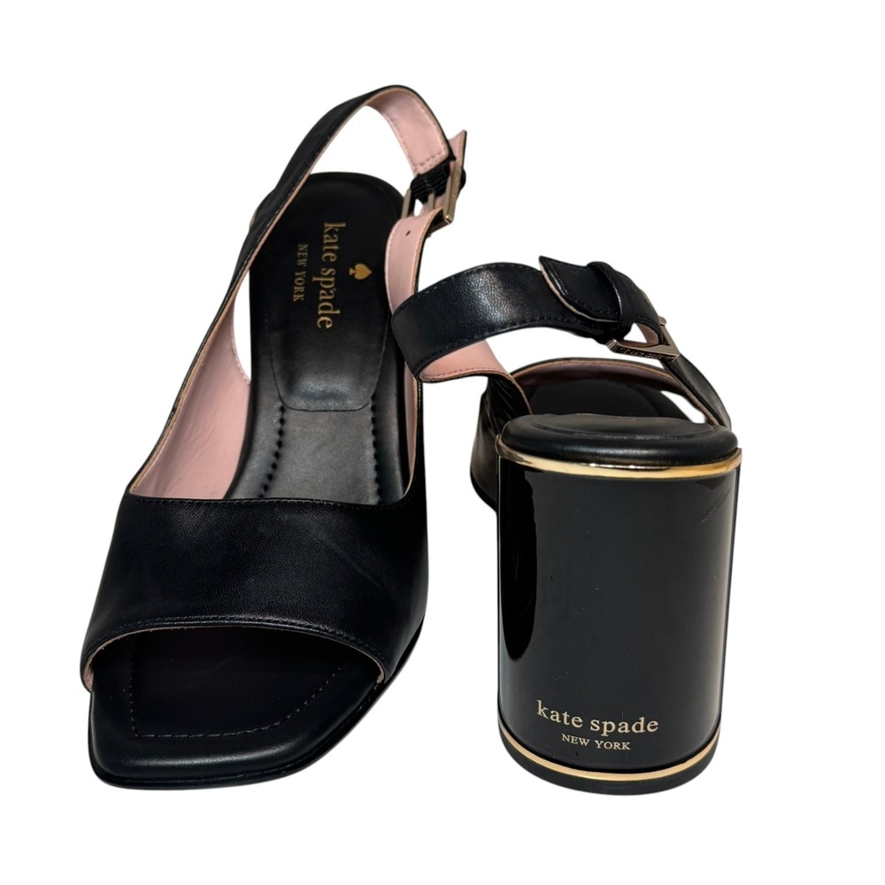 Kate Spade Ninna Slingback Pump Logo Heel Black w Gold Trim size 7.5 New $298